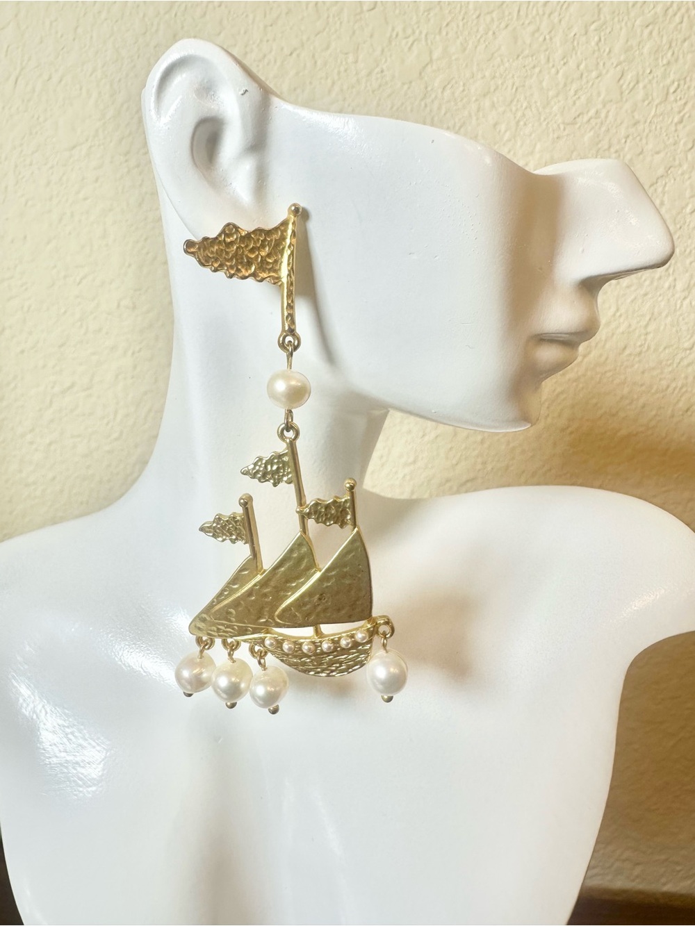 Gold-Plated Pearl Drop Sailboat Statement Earrings